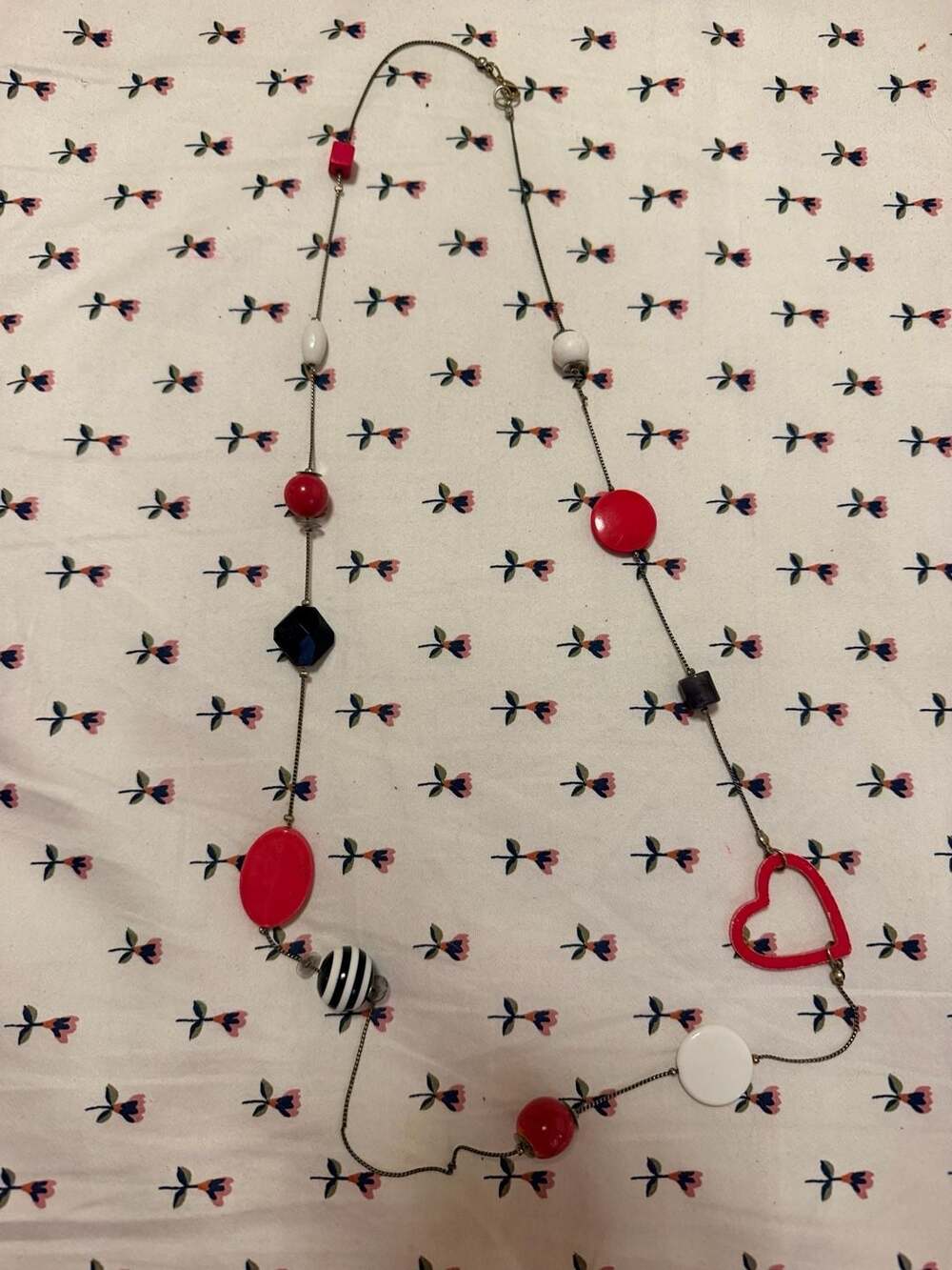 Vintage Long Beaded Necklace Red White Black Striped Beads and Heart Charm
